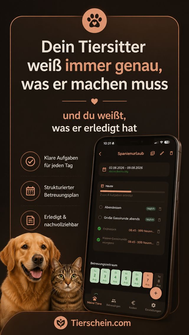 Eine Betreuung namens Spanienurlaub vom 2. bis 9. August: zwei von vier
                      Tagesaufgaben sind erledigt, darunter Frühstück und die kleine Gassirunde,
                      jeweils mit Uhrzeit und Namen des Sitters.
