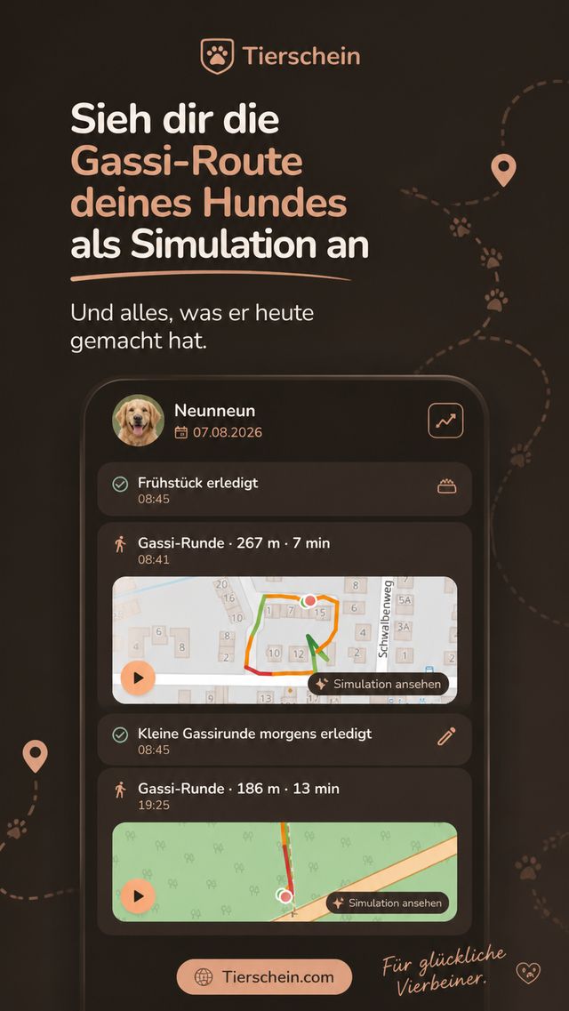 Der Tagesverlauf eines Hundes mit zwei aufgezeichneten Gassi-Runden auf der
                      Karte, jeweils mit Länge, Dauer und einem Knopf, um die Route als Simulation
                      abzuspielen.