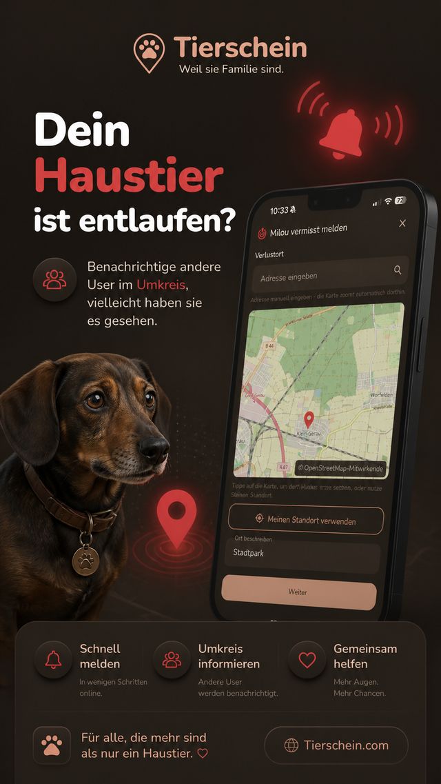 Der Dialog zum Melden eines vermissten Tieres: Adresseingabe, eine Karte mit
                      gesetztem Marker am Verlustort und ein Feld für die Ortsbeschreibung.